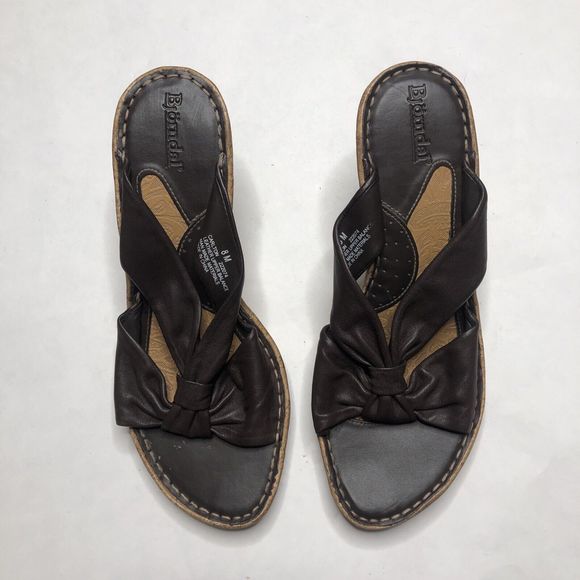 Bjorndal Carlton Brown Leather Cork Wedge Knotted Slip On Sandal Women's Sz 8 - Picture 1 of 6